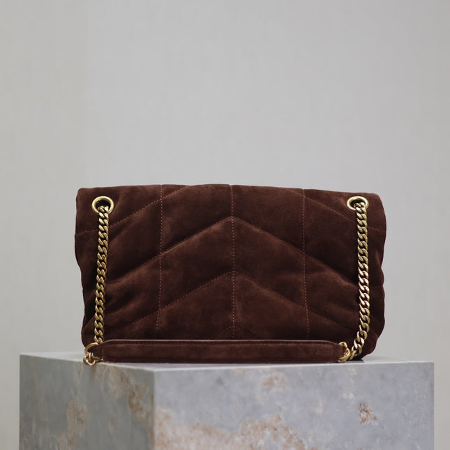 YSL 25S LOULOU PUFFER MM 29 IN DARK BROWN SUEDE GOLD HARDWRE