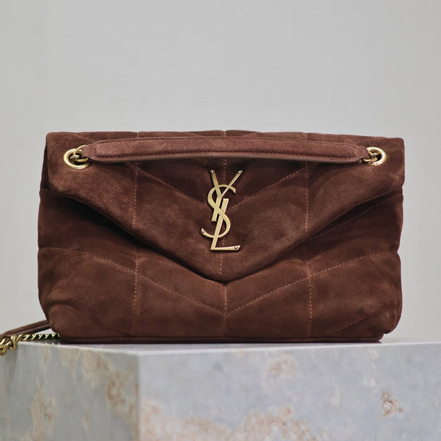 YSL 25S LOULOU PUFFER MM 29 IN DARK BROWN SUEDE GOLD HARDWRE