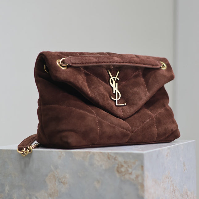 YSL 25S LOULOU PUFFER MM 29 IN DARK BROWN SUEDE GOLD HARDWRE