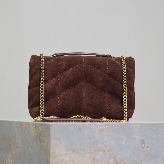 YSL 25S LOULOU PUFFER MINI 23 IN DARK BROWN SUEDE GOLD HARDWRE