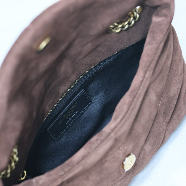 YSL 25S LOULOU PUFFER MINI 23 IN DARK BROWN SUEDE GOLD HARDWRE