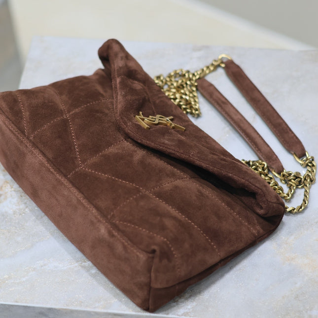 YSL 25S LOULOU PUFFER MINI 23 IN DARK BROWN SUEDE GOLD HARDWRE
