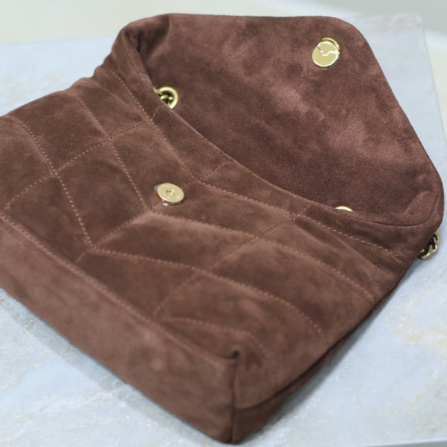 YSL 25S LOULOU PUFFER MINI 23 IN DARK BROWN SUEDE GOLD HARDWRE