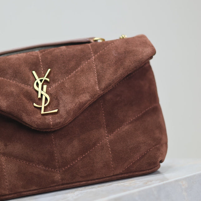YSL 25S LOULOU PUFFER MINI 23 IN DARK BROWN SUEDE GOLD HARDWRE