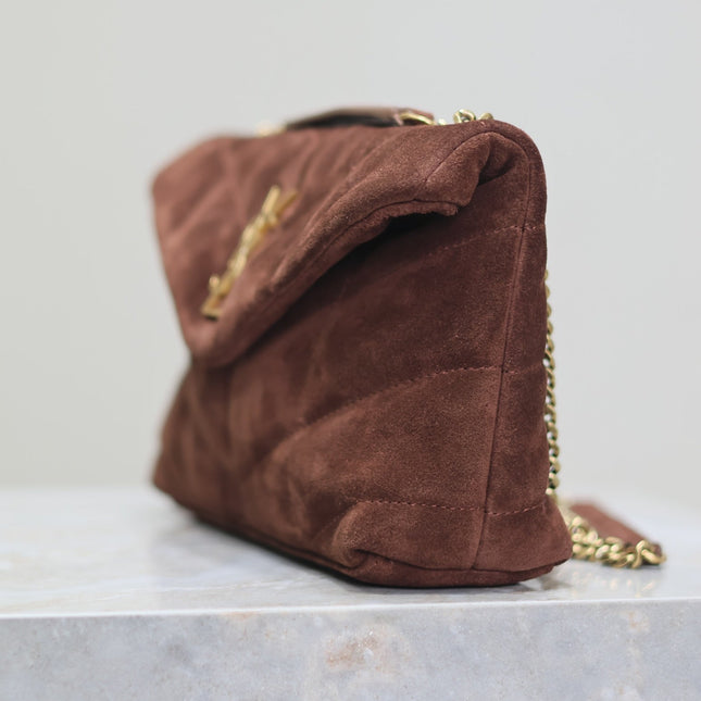 YSL 25S LOULOU PUFFER MINI 23 IN DARK BROWN SUEDE GOLD HARDWRE