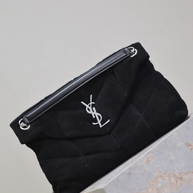 YSL 25S LOULOU PUFFER GM 35 IN BLACK SUEDE SILVER HARDWRE