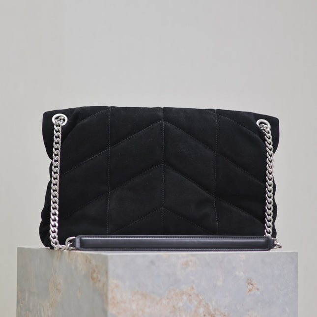 YSL 25S LOULOU PUFFER GM 35 IN BLACK SUEDE SILVER HARDWRE