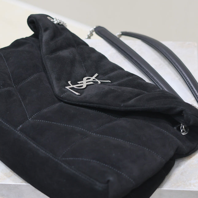 YSL 25S LOULOU PUFFER GM 35 IN BLACK SUEDE SILVER HARDWRE