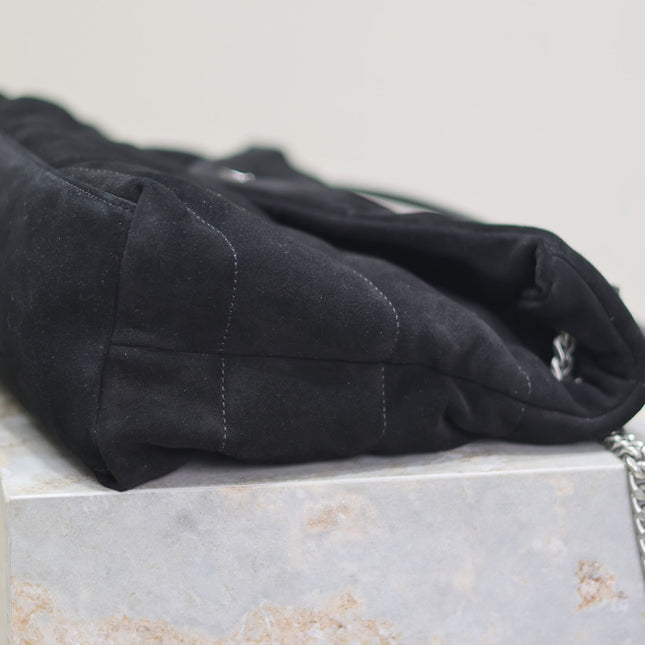 YSL 25S LOULOU PUFFER GM 35 IN BLACK SUEDE SILVER HARDWRE