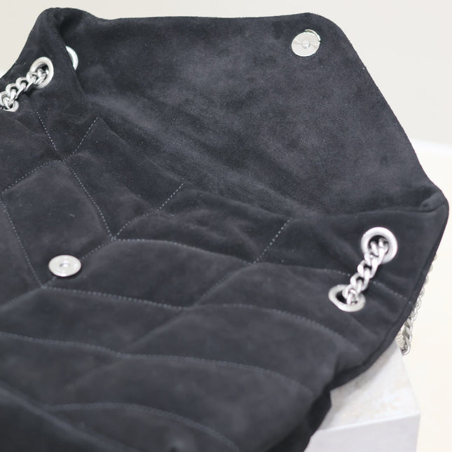 YSL 25S LOULOU PUFFER GM 35 IN BLACK SUEDE SILVER HARDWRE