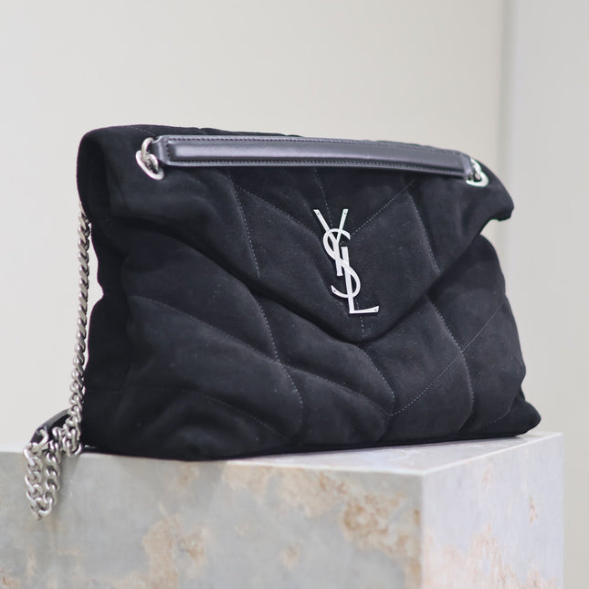 YSL 25S LOULOU PUFFER GM 35 IN BLACK SUEDE SILVER HARDWRE