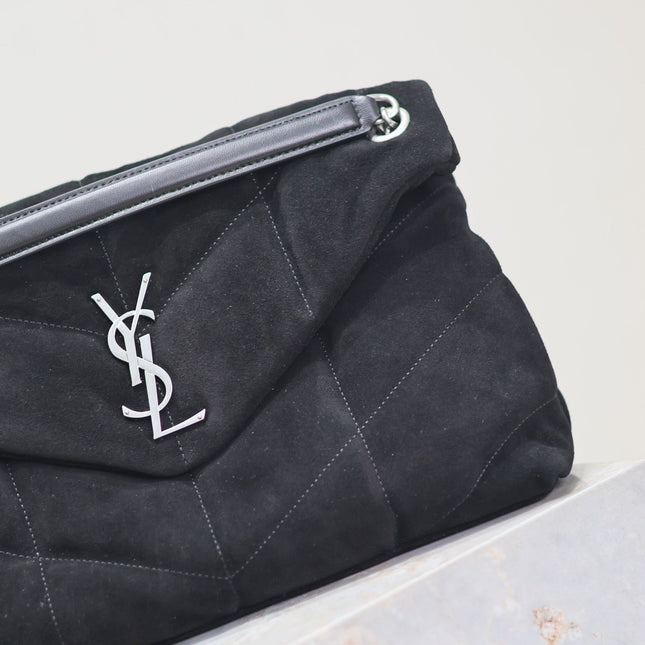 YSL 25S LOULOU PUFFER GM 35 IN BLACK SUEDE SILVER HARDWRE