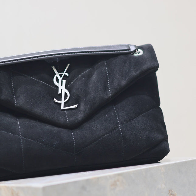 YSL 25S LOULOU PUFFER MM 29 IN BLACK SUEDE SILVER HARDWRE
