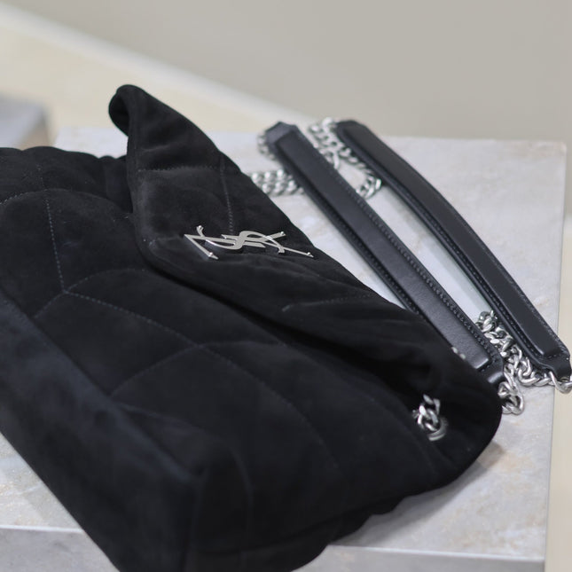 YSL 25S LOULOU PUFFER MM 29 IN BLACK SUEDE SILVER HARDWRE