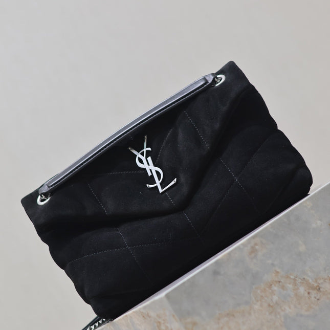 YSL 25S LOULOU PUFFER MM 29 IN BLACK SUEDE SILVER HARDWRE
