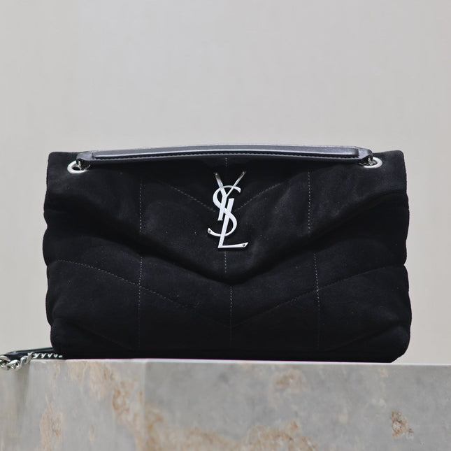YSL 25S LOULOU PUFFER MM 29 IN BLACK SUEDE SILVER HARDWRE