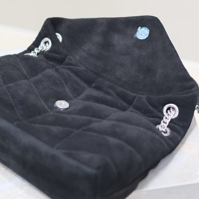 YSL 25S LOULOU PUFFER MM 29 IN BLACK SUEDE SILVER HARDWRE