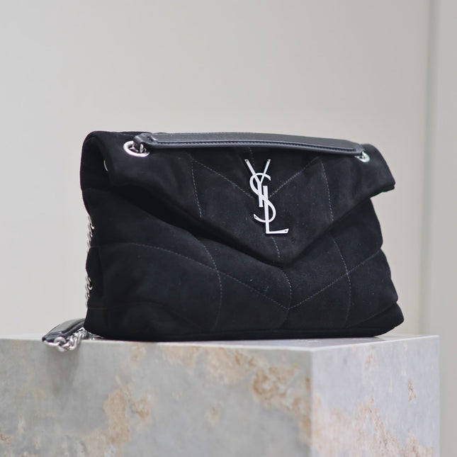 YSL 25S LOULOU PUFFER MM 29 IN BLACK SUEDE SILVER HARDWRE