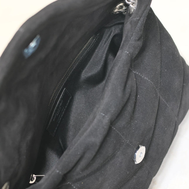 YSL 25S LOULOU PUFFER MM 29 IN BLACK SUEDE SILVER HARDWRE