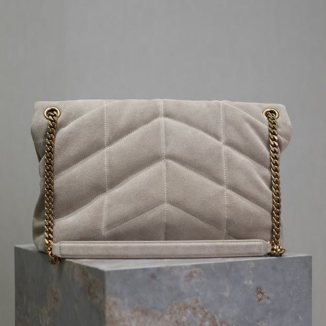 YSL 25S LOULOU PUFFER GM 35 IN SMOKEY TAUPE SUEDE GOLD HARDWRE