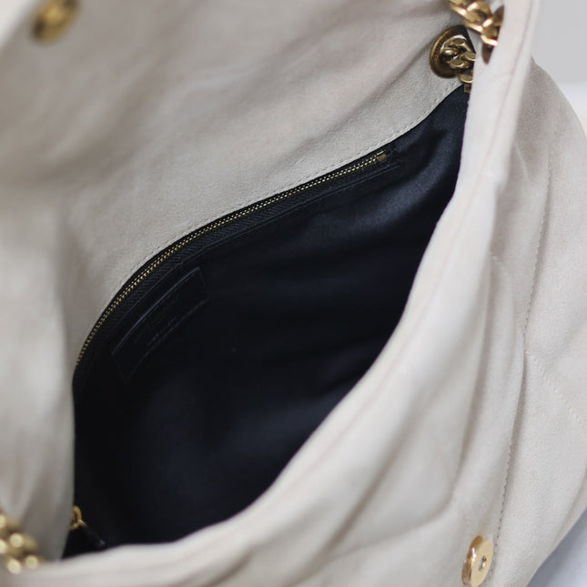 YSL 25S LOULOU PUFFER GM 35 IN SMOKEY TAUPE SUEDE GOLD HARDWRE