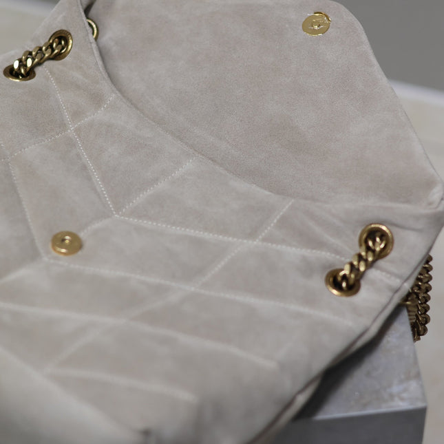 YSL 25S LOULOU PUFFER GM 35 IN SMOKEY TAUPE SUEDE GOLD HARDWRE
