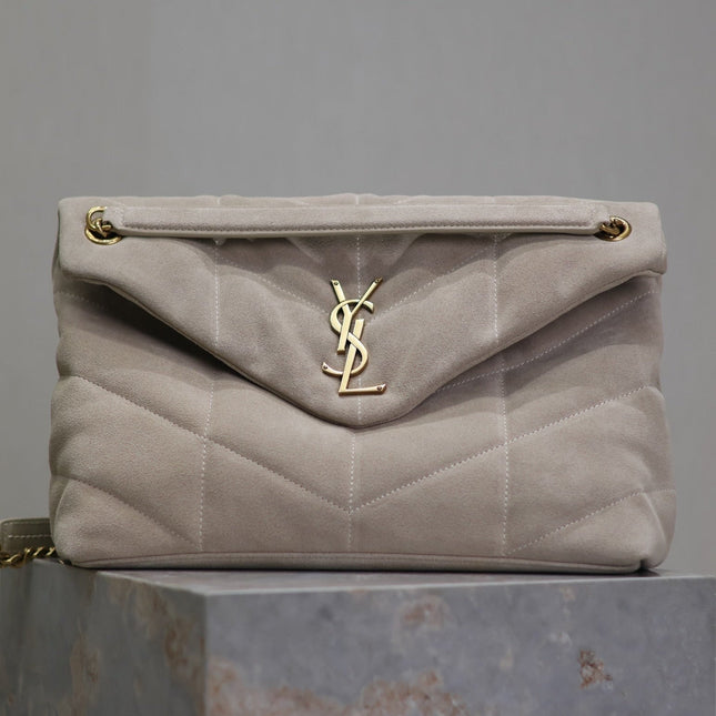 YSL 25S LOULOU PUFFER GM 35 IN SMOKEY TAUPE SUEDE GOLD HARDWRE