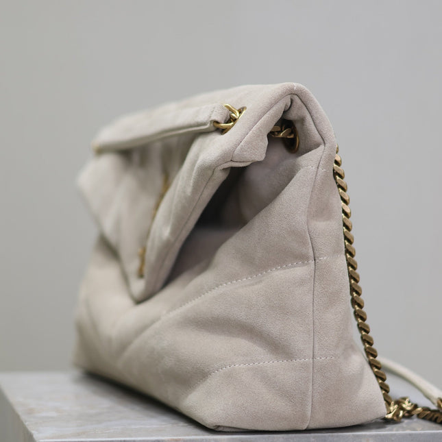 YSL 25S LOULOU PUFFER GM 35 IN SMOKEY TAUPE SUEDE GOLD HARDWRE