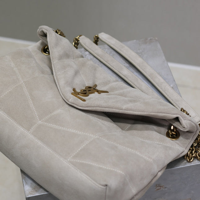 YSL 25S LOULOU PUFFER GM 35 IN SMOKEY TAUPE SUEDE GOLD HARDWRE