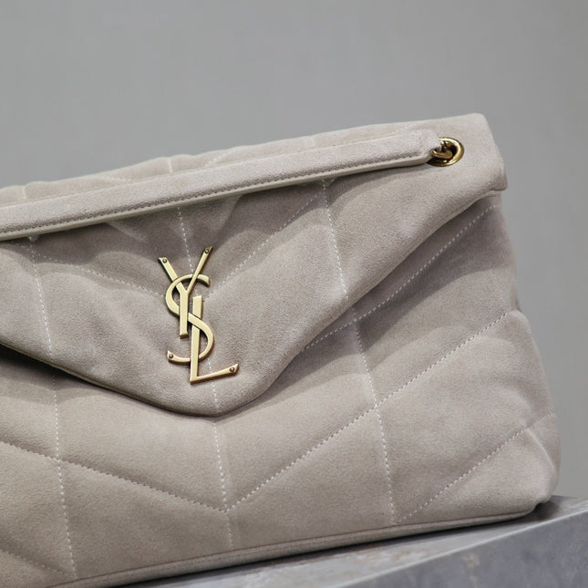 YSL 25S LOULOU PUFFER GM 35 IN SMOKEY TAUPE SUEDE GOLD HARDWRE