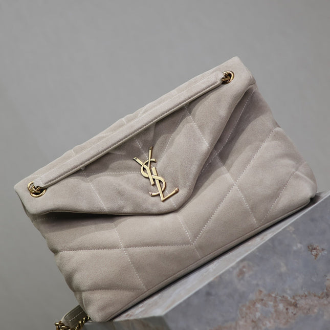 YSL 25S LOULOU PUFFER GM 35 IN SMOKEY TAUPE SUEDE GOLD HARDWRE