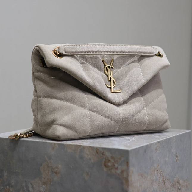 YSL 25S LOULOU PUFFER MM 29 IN SMOKEY TAUPE SUEDE GOLD HARDWRE