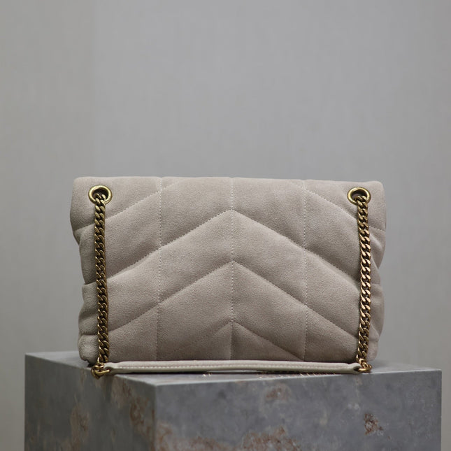 YSL 25S LOULOU PUFFER MM 29 IN SMOKEY TAUPE SUEDE GOLD HARDWRE