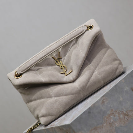 YSL 25S LOULOU PUFFER MM 29 IN SMOKEY TAUPE SUEDE GOLD HARDWRE