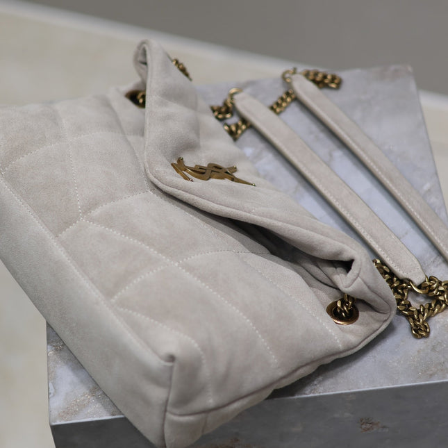 YSL 25S LOULOU PUFFER MM 29 IN SMOKEY TAUPE SUEDE GOLD HARDWRE