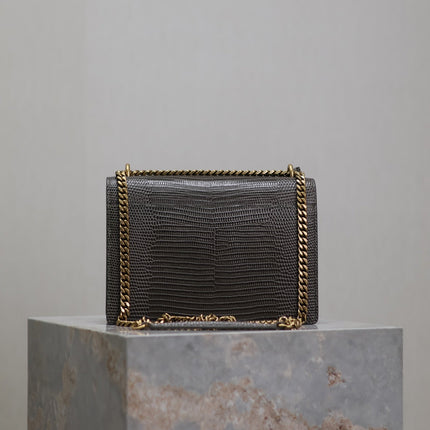 YSL 25S SUNSET MEDIUM 22 IN BROWN LIZARD-EMBOSSED CALFSKIN GOLD HARDWRE