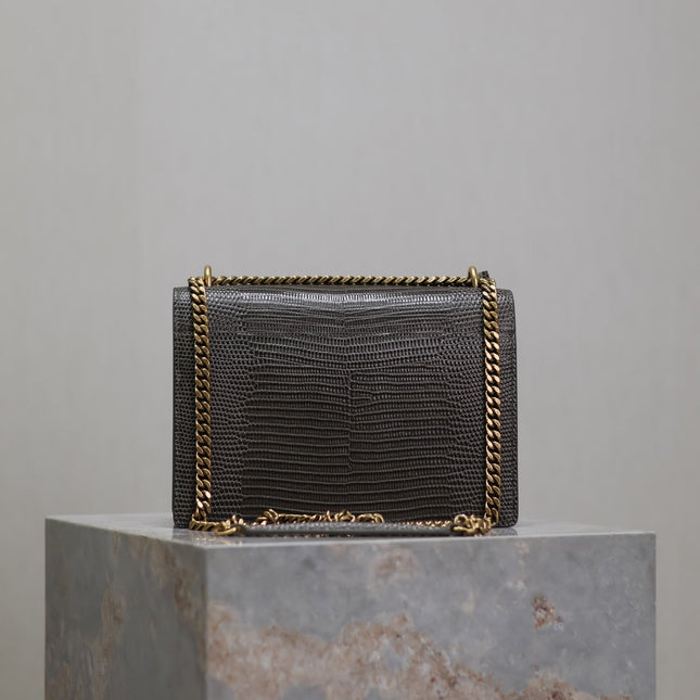 YSL 25S SUNSET MEDIUM 22 IN BROWN LIZARD-EMBOSSED CALFSKIN GOLD HARDWRE