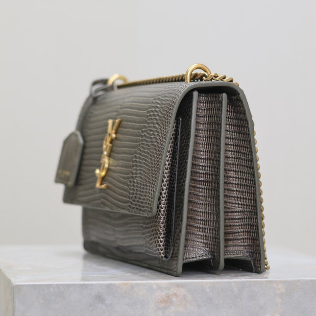 YSL 25S SUNSET MEDIUM 22 IN BROWN LIZARD-EMBOSSED CALFSKIN GOLD HARDWRE
