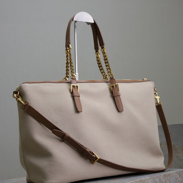 TRAVEL BAG 48 IN WHITE CANVAS AND BROWN LEATHER TRIM GOLD HARDWARE