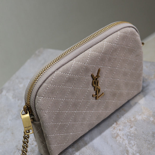 GABY ZIPPED POUCH 19 IN GRAY MATTE SUEDE GOLD HARDWARE
