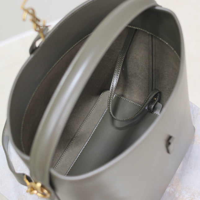 YSL 25S LE 5 À 7 BUCKET 26 IN DARK OLIVE CALFSKIN GOLD HARDWRE