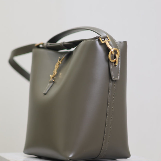 YSL 25S LE 5 À 7 BUCKET 26 IN DARK OLIVE CALFSKIN GOLD HARDWRE
