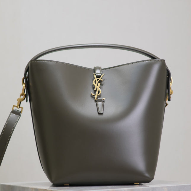 YSL 25S LE 5 À 7 BUCKET 26 IN DARK OLIVE CALFSKIN GOLD HARDWRE