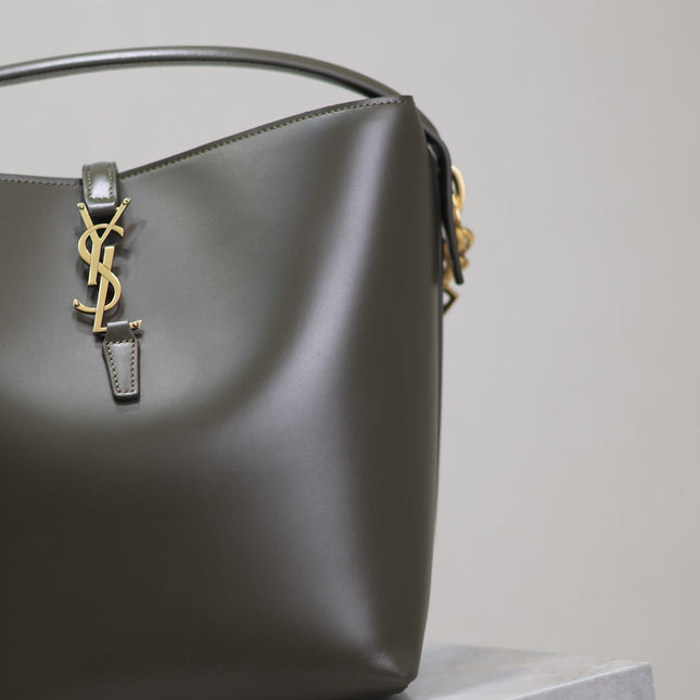 YSL 25S LE 5 À 7 BUCKET 26 IN DARK OLIVE CALFSKIN GOLD HARDWRE