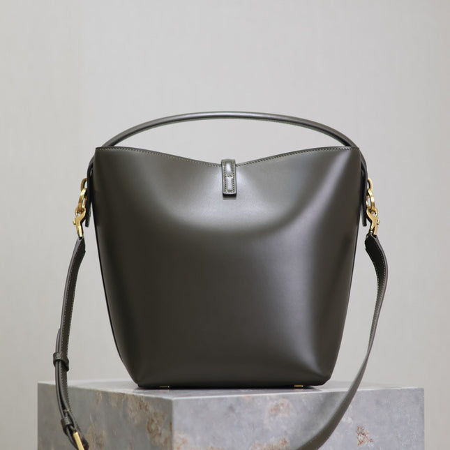 YSL 25S LE 5 À 7 BUCKET 26 IN DARK OLIVE CALFSKIN GOLD HARDWRE