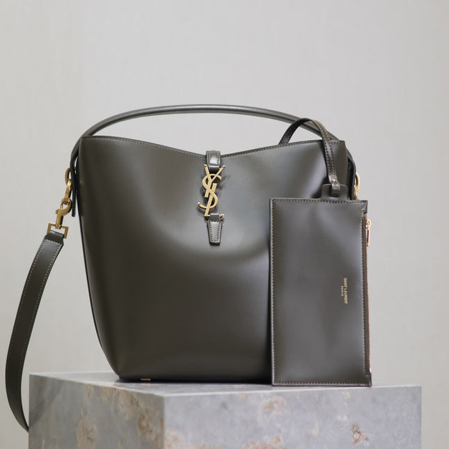 YSL 25S LE 5 À 7 BUCKET 26 IN DARK OLIVE CALFSKIN GOLD HARDWRE