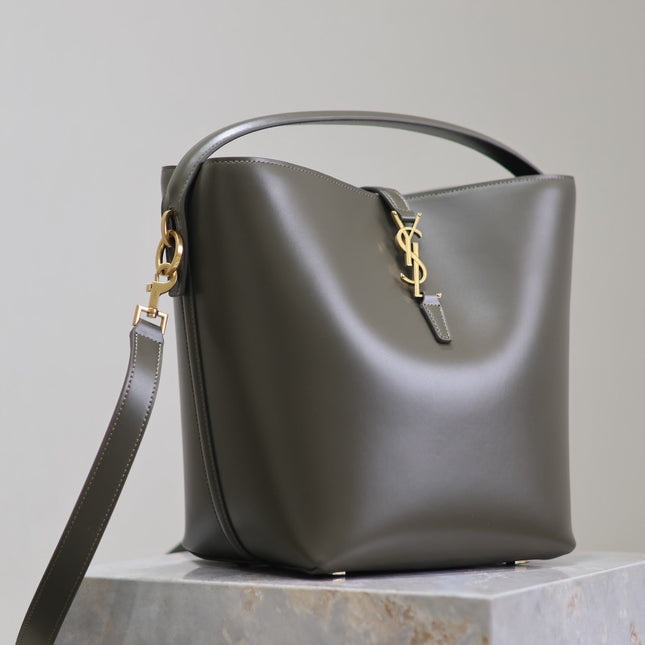 YSL 25S LE 5 À 7 BUCKET 26 IN DARK OLIVE CALFSKIN GOLD HARDWRE