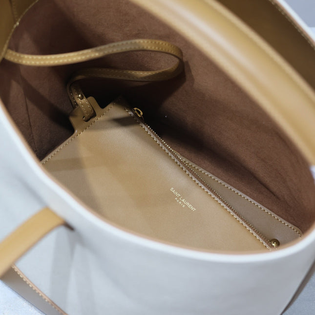 YSL 25S LE 5 À 7 BUCKET 26 IN CREAM BROWN CALFSKIN AND CANVAS GOLD HARDWRE