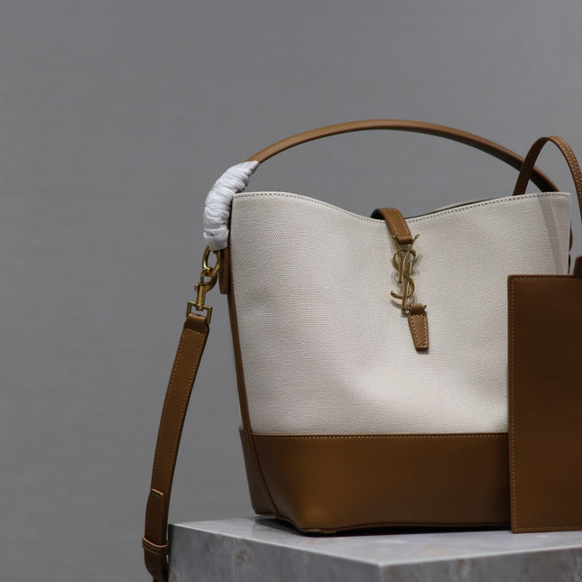 YSL 25S LE 5 À 7 BUCKET 26 IN CREAM BROWN CALFSKIN AND CANVAS GOLD HARDWRE