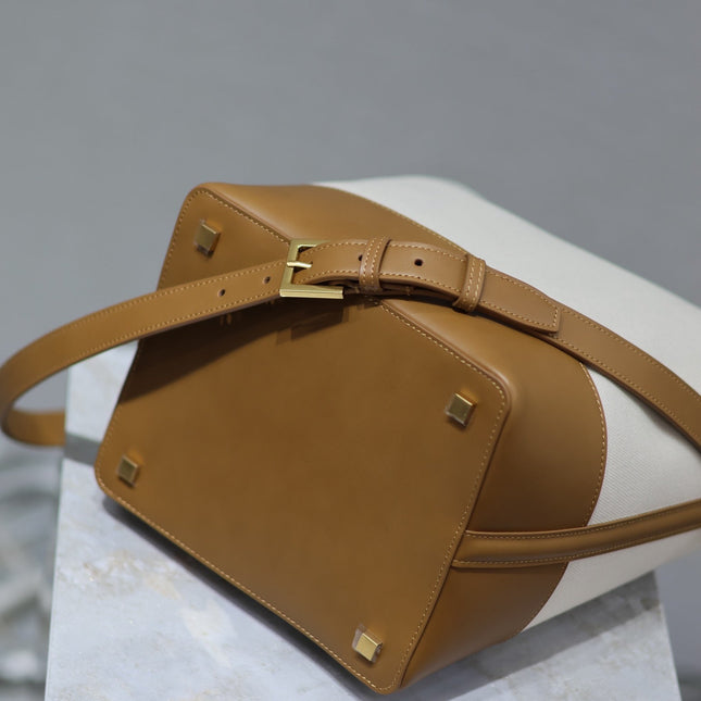 YSL 25S LE 5 À 7 BUCKET 26 IN CREAM BROWN CALFSKIN AND CANVAS GOLD HARDWRE